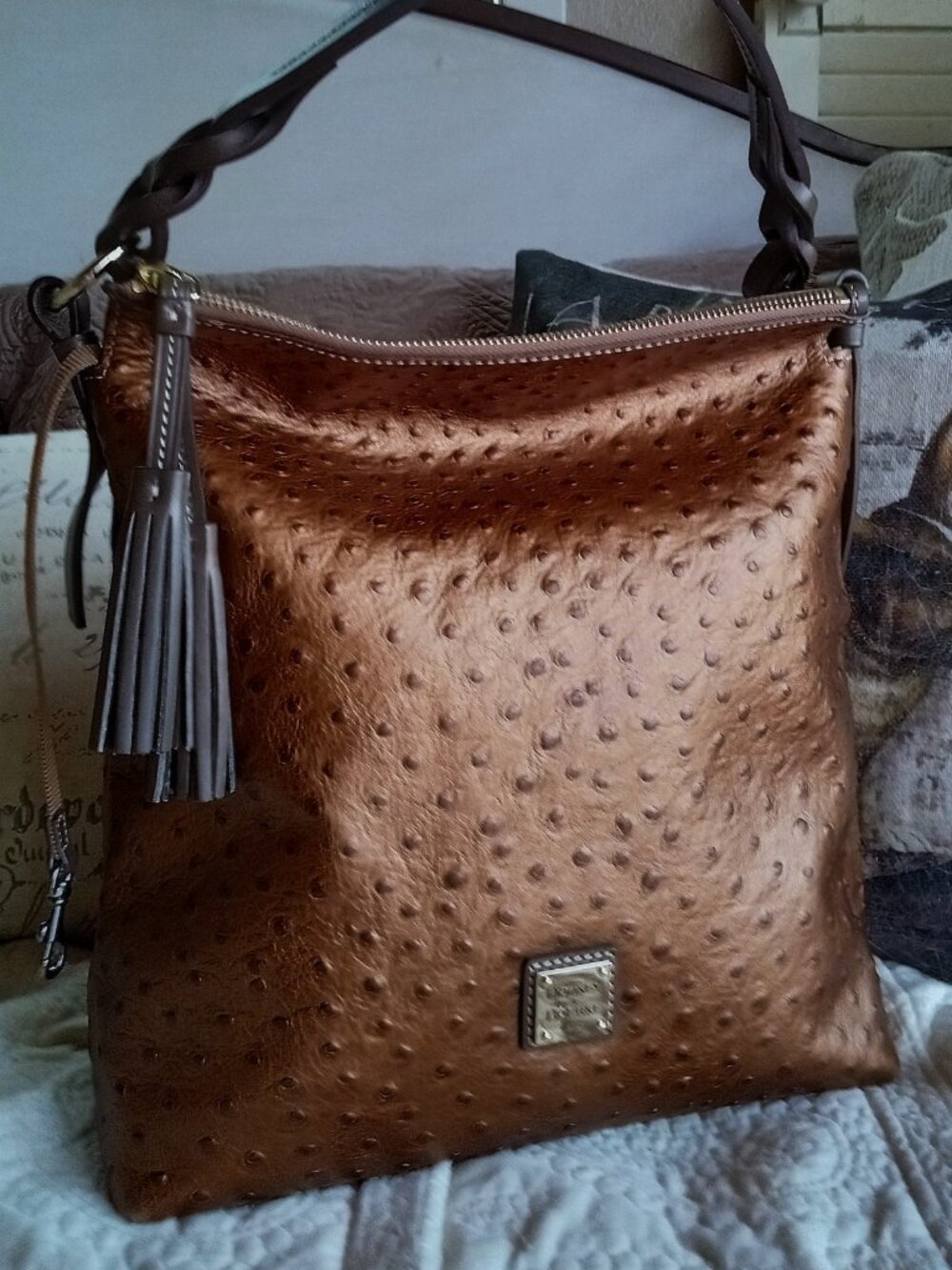 Dooney & Bourke Ostrich Collection Brown Metallic Leather Shoulder Bag - Picture 2 of 11